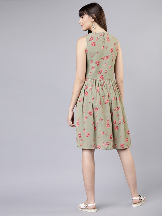 Women Olive Printed Fit & Flare Dress - Olive - Image 3