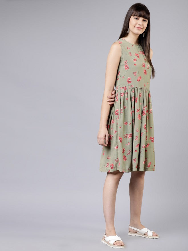 Women Olive Printed Fit & Flare Dress - Olive - Image 4