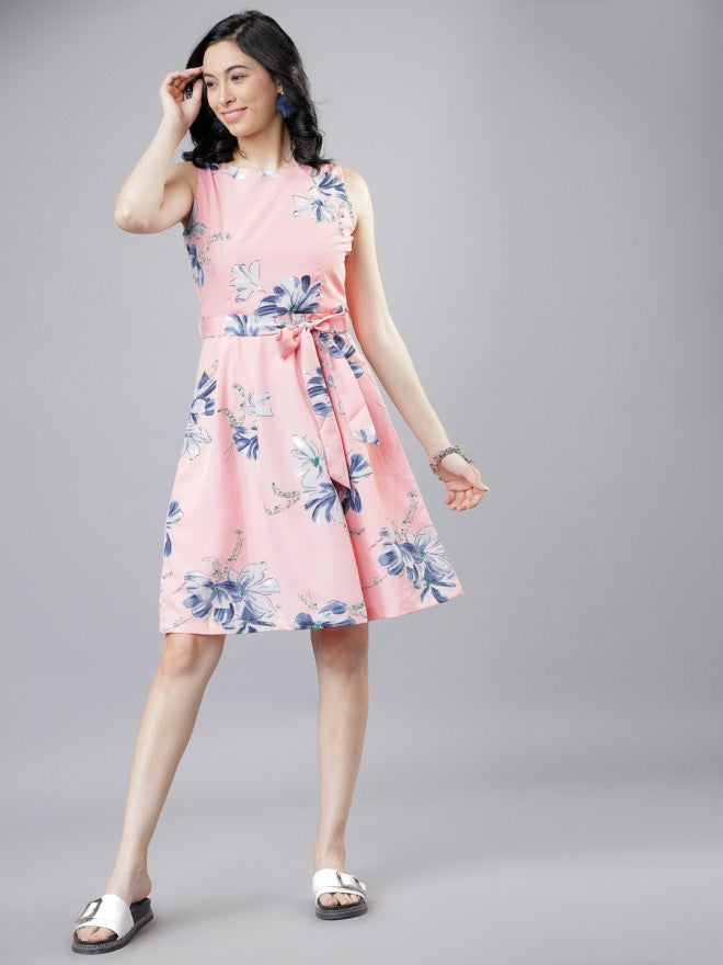 Women Pink Printed Fit & Flare Dress - Pink - Image 1