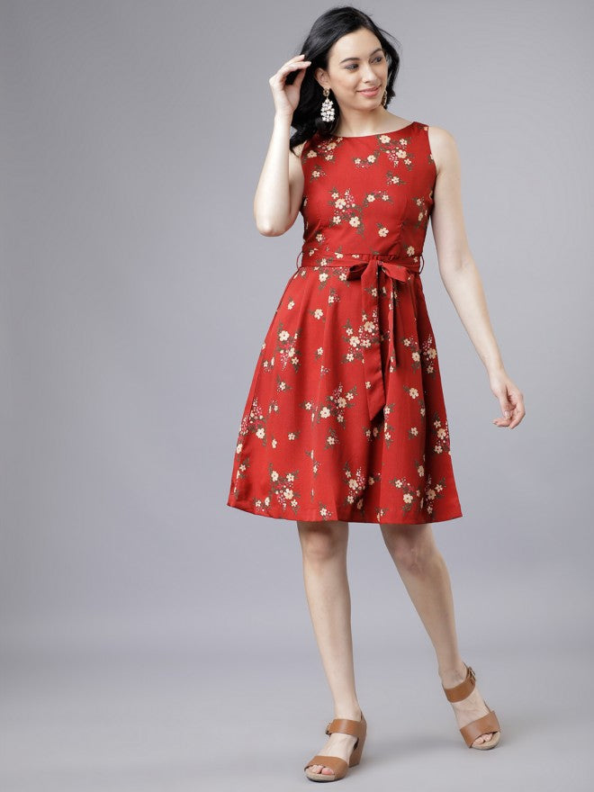 Women Rust Printed Fit & Flare Dress - Terracotta - Image 1