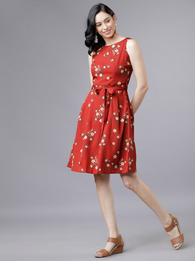 Women Rust Printed Fit & Flare Dress - Terracotta - Image 2