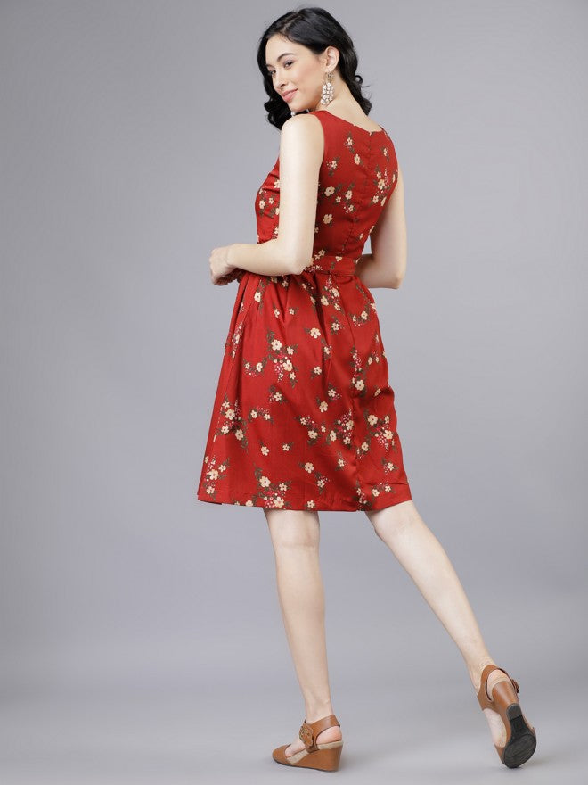 Women Rust Printed Fit & Flare Dress - Terracotta - Image 3