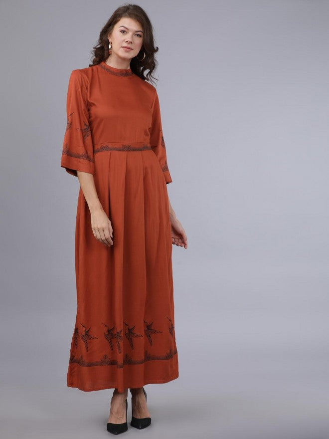 Women Rust Printed Flared Maxi Dress - Terracotta - Image 1