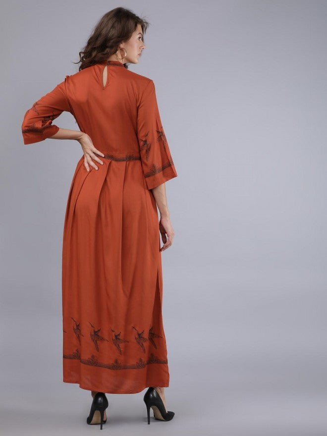 Women Rust Printed Flared Maxi Dress - Terracotta - Image 2