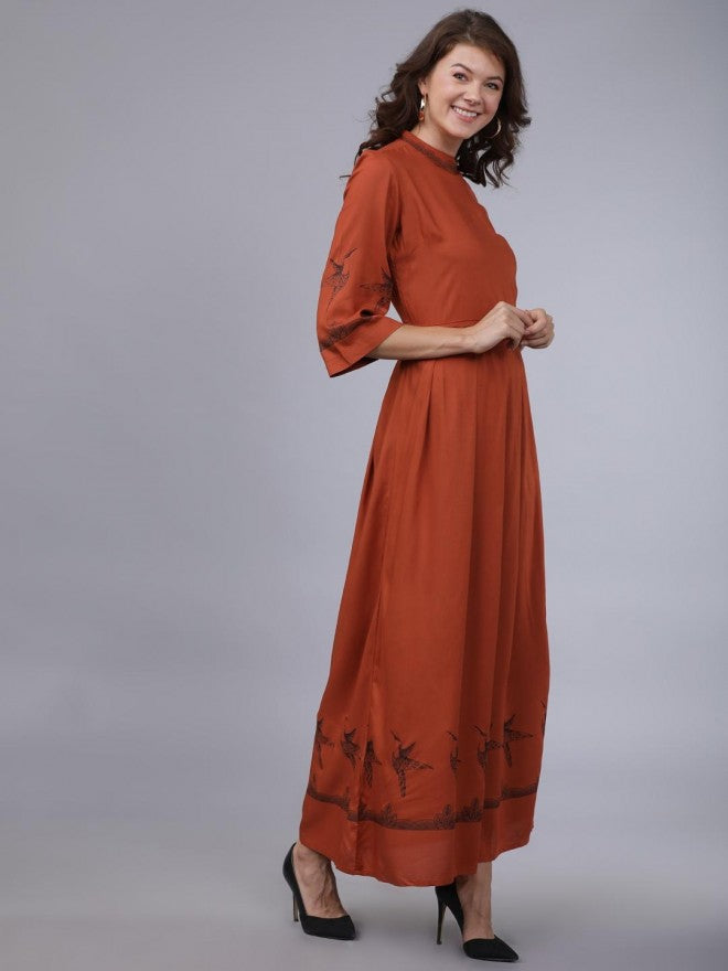 Women Rust Printed Flared Maxi Dress - Terracotta - Image 3