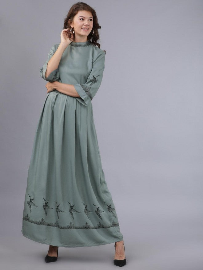 Women Olive Printed Flared Maxi Dress - Olive - Image 1