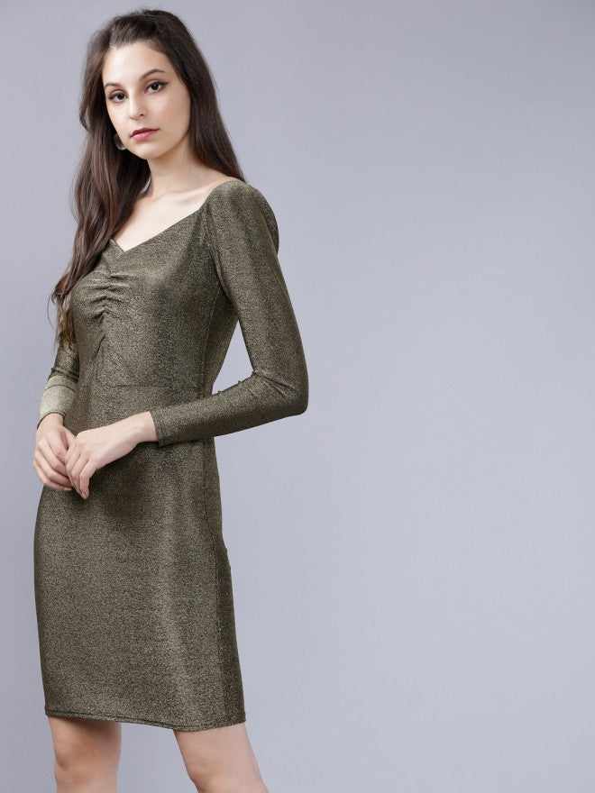 Women Gold Solid Straight Bodycon Dress - Gold - Image 2