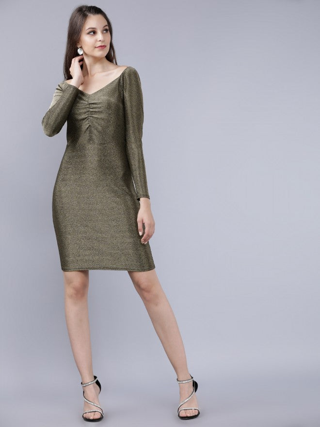 Women Gold Solid Straight Bodycon Dress - Gold - Image 5