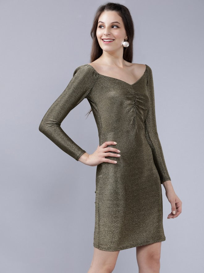 Women Gold Solid Straight Bodycon Dress - Gold - Image 6
