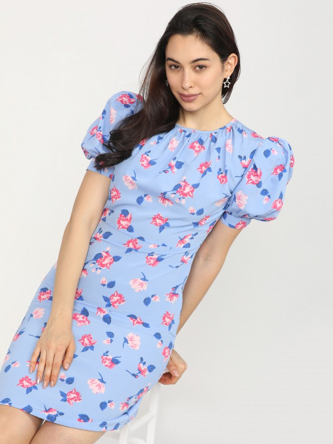Women Blue Printed Straight A-Line Dress - Blue - Image 1