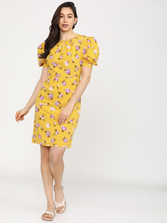 Women Yellow Printed Straight A-Line Dress - Yellow - Image 1