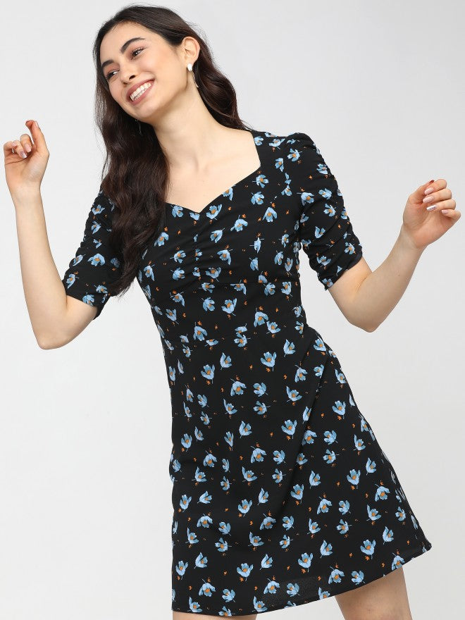 Women Black Printed Flared Wrap Dress - Black - Image 1