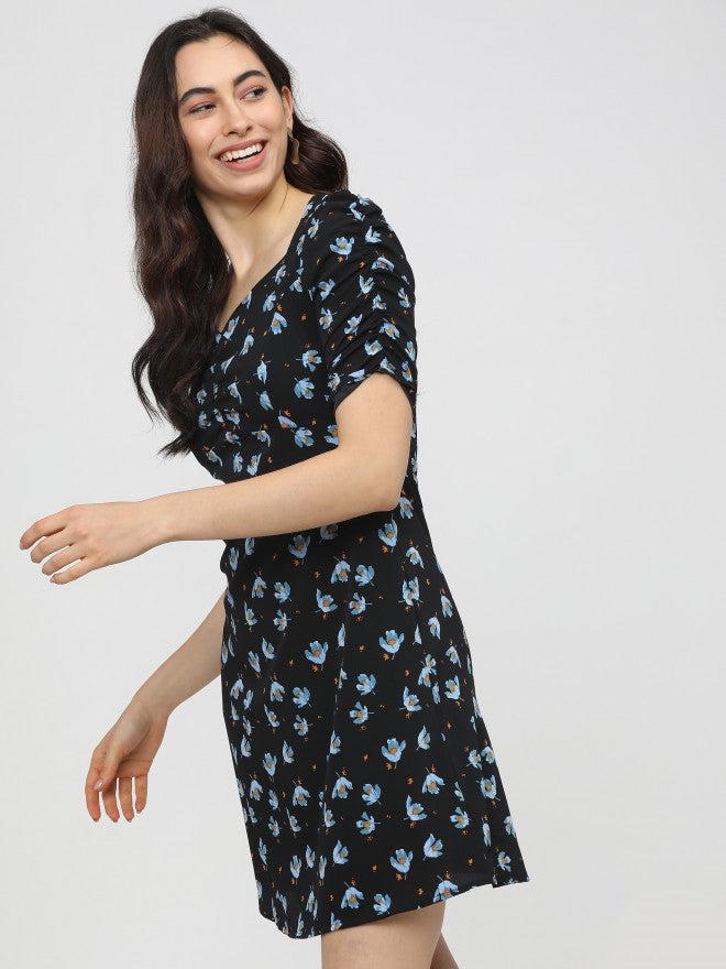 Women Black Printed Flared Wrap Dress - Black - Image 3