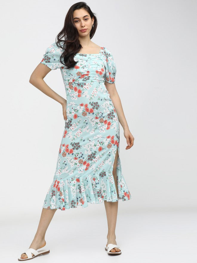 Women Aqua/Teal Printed Fit & Flare Dress - Sky blue - Image 1