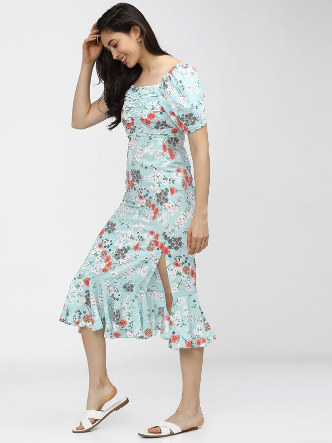 Women Aqua/Teal Printed Fit & Flare Dress - Sky blue - Image 2