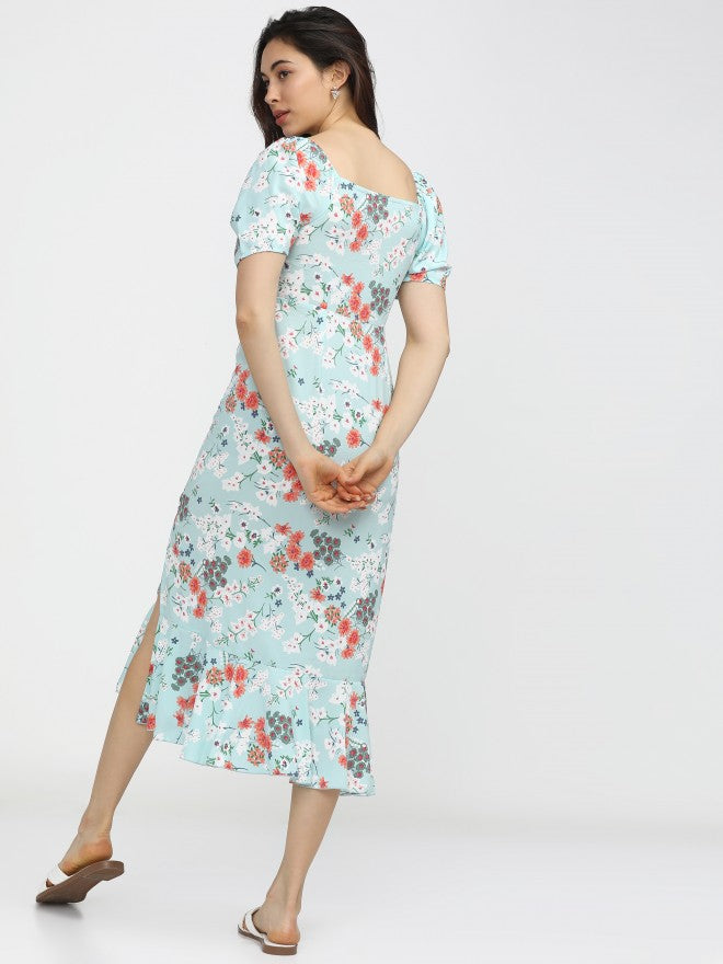 Women Aqua/Teal Printed Fit & Flare Dress - Sky blue - Image 3