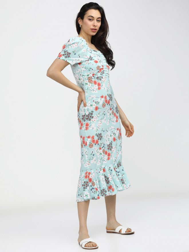 Women Aqua/Teal Printed Fit & Flare Dress - Sky blue - Image 5