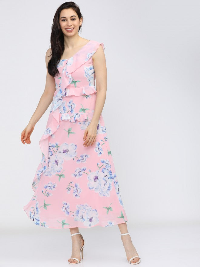 Women Pink Printed Flared A-Line Dress - Pink - Image 1
