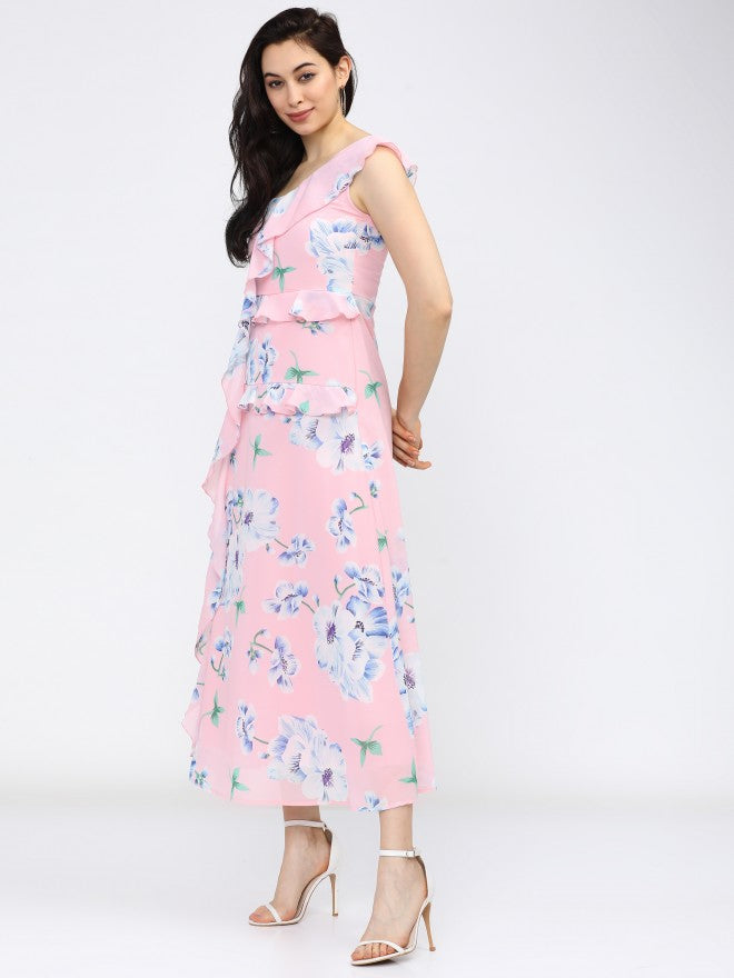 Women Pink Printed Flared A-Line Dress - Pink - Image 2