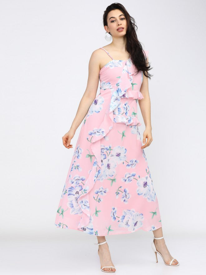 Women Pink Printed Flared A-Line Dress - Pink - Image 5