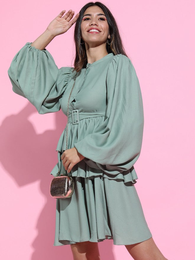 Women Green Solid Fit & Flare Dress - Green - Image 1