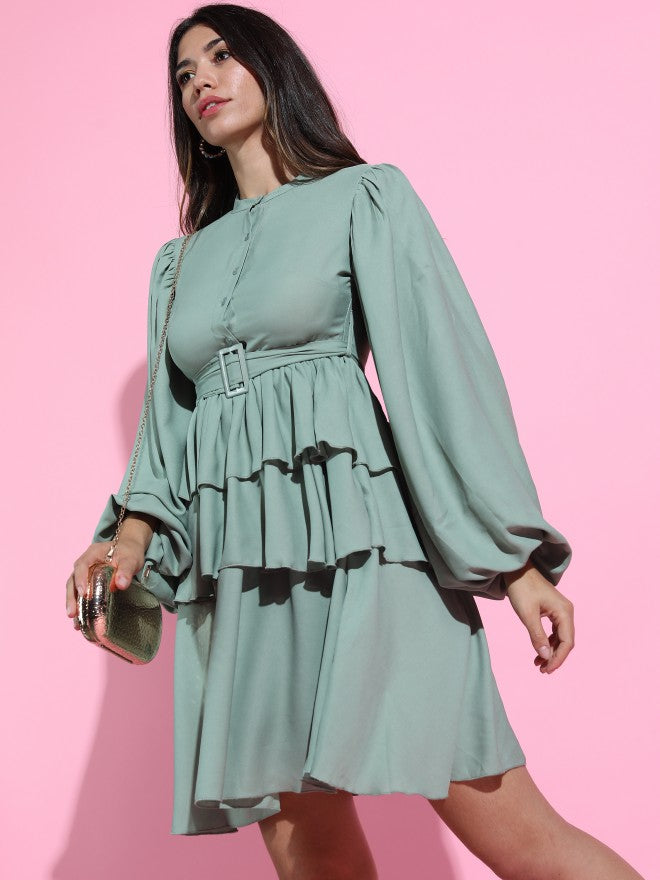 Women Green Solid Fit & Flare Dress - Green - Image 2