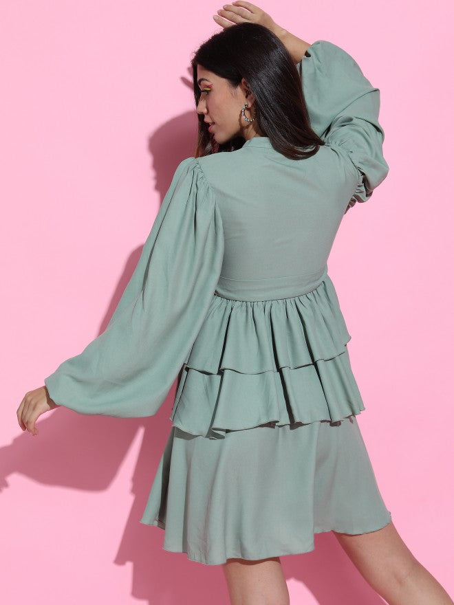 Women Green Solid Fit & Flare Dress - Green - Image 3