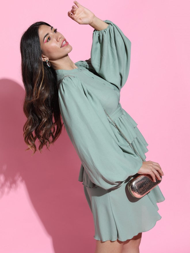 Women Green Solid Fit & Flare Dress - Green - Image 6