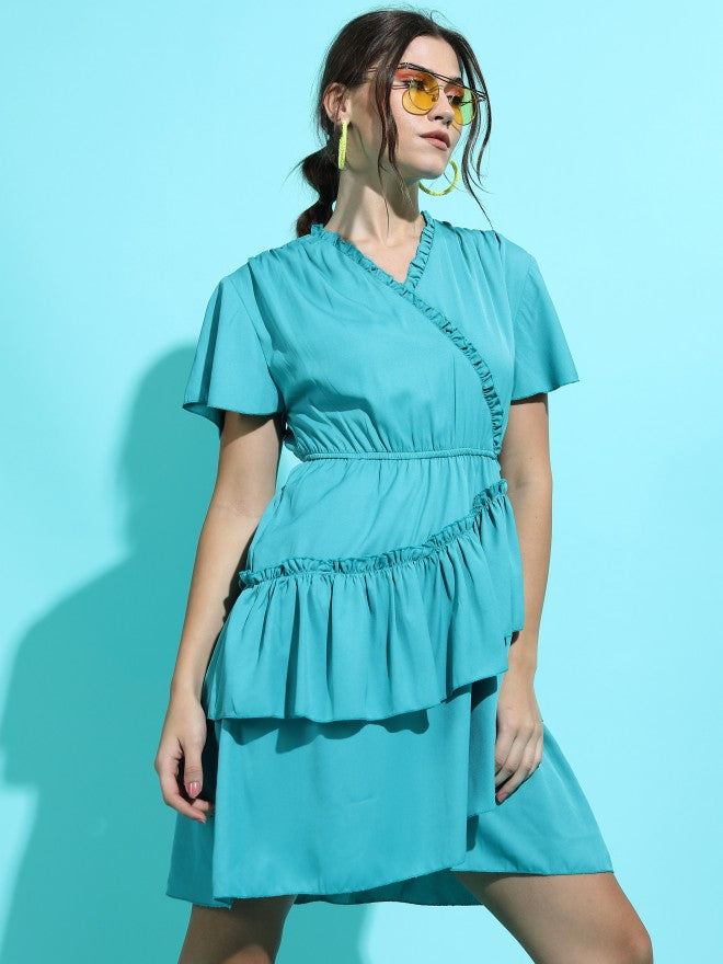 Tokyo Talkies Women Teal Solid High-Low A-Line Dress - Teal - Image 1