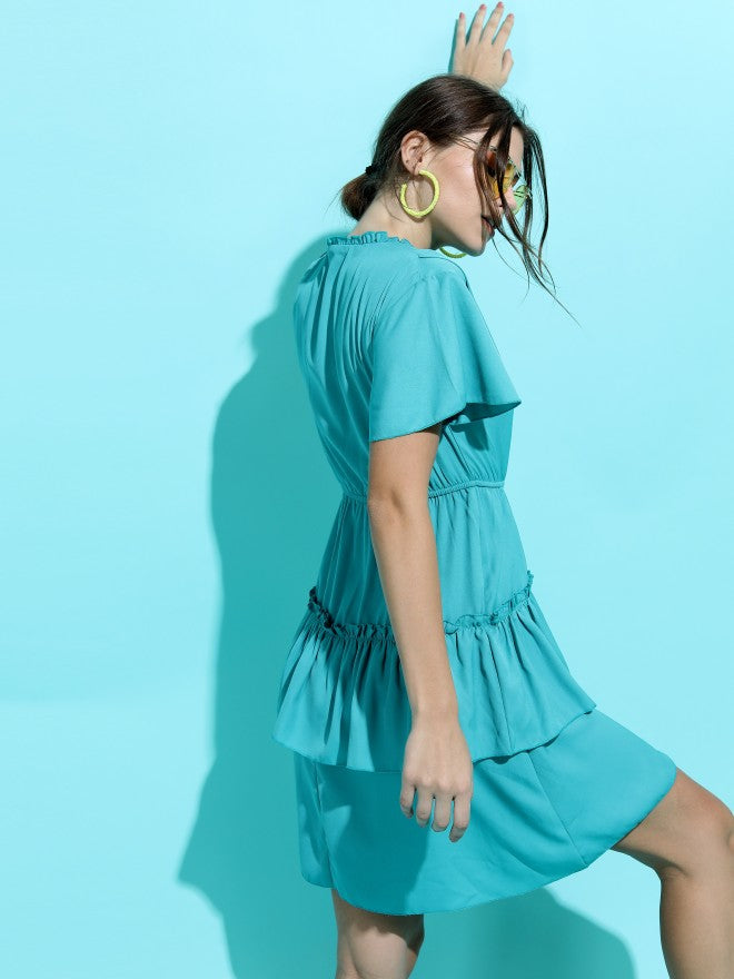 Tokyo Talkies Women Teal Solid High-Low A-Line Dress - Teal - Image 3
