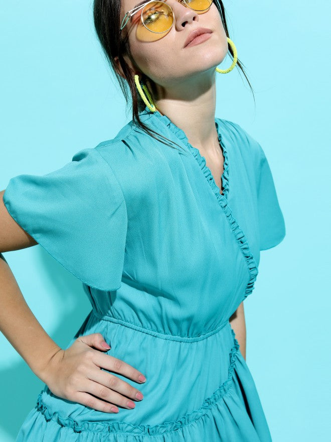 Tokyo Talkies Women Teal Solid High-Low A-Line Dress - Teal - Image 4