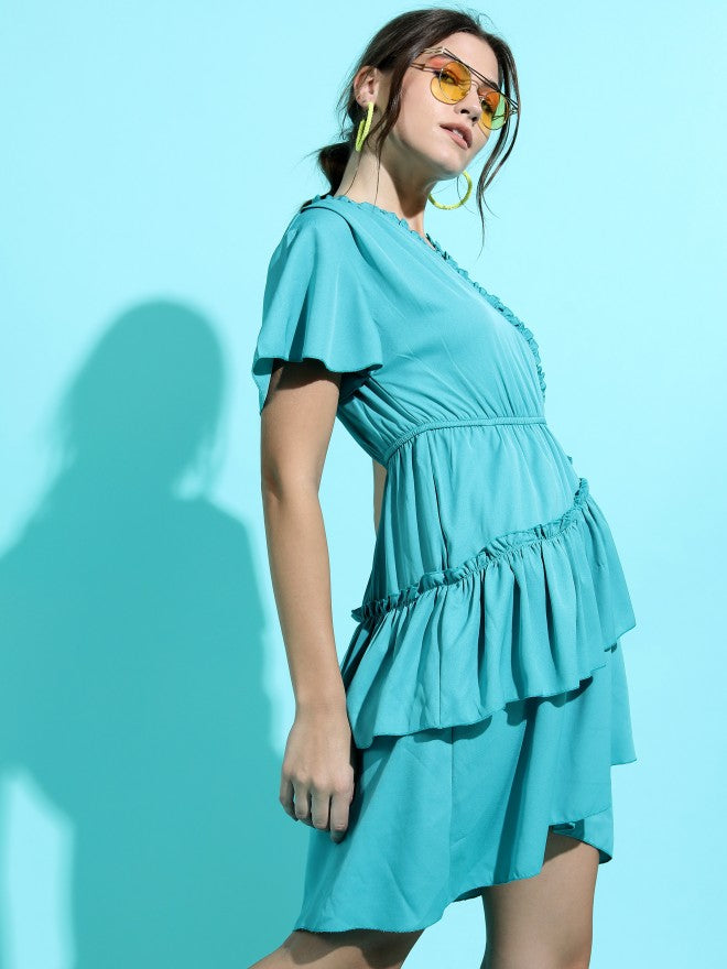 Tokyo Talkies Women Teal Solid High-Low A-Line Dress - Teal - Image 5
