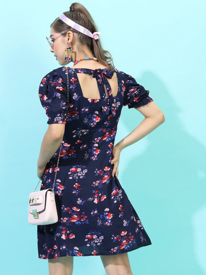 Tokyo Talkies Women Navy Blue Printed A-Line Dress - Navy Blue - Image 3
