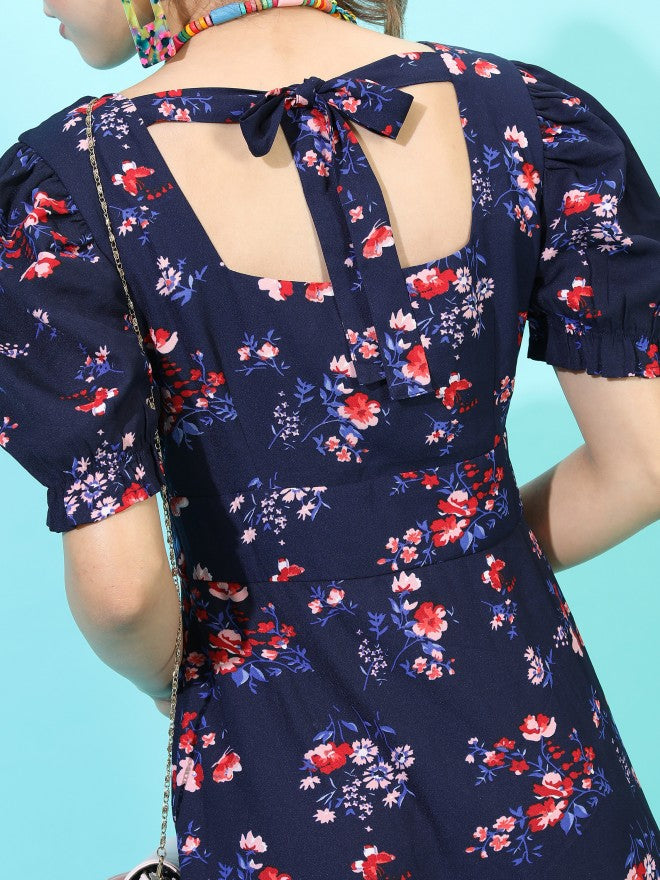 Tokyo Talkies Women Navy Blue Printed A-Line Dress - Navy Blue - Image 4