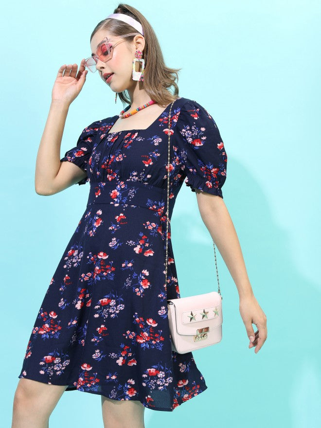Tokyo Talkies Women Navy Blue Printed A-Line Dress - Navy Blue - Image 5