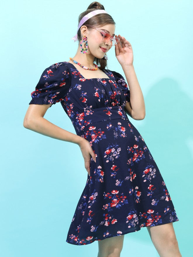 Tokyo Talkies Women Navy Blue Printed A-Line Dress - Navy Blue - Image 6