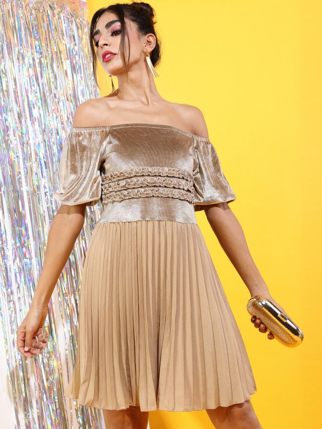 Tokyo Talkies Women Gold Solid Fit and Flare Dress - Gold - Image 1