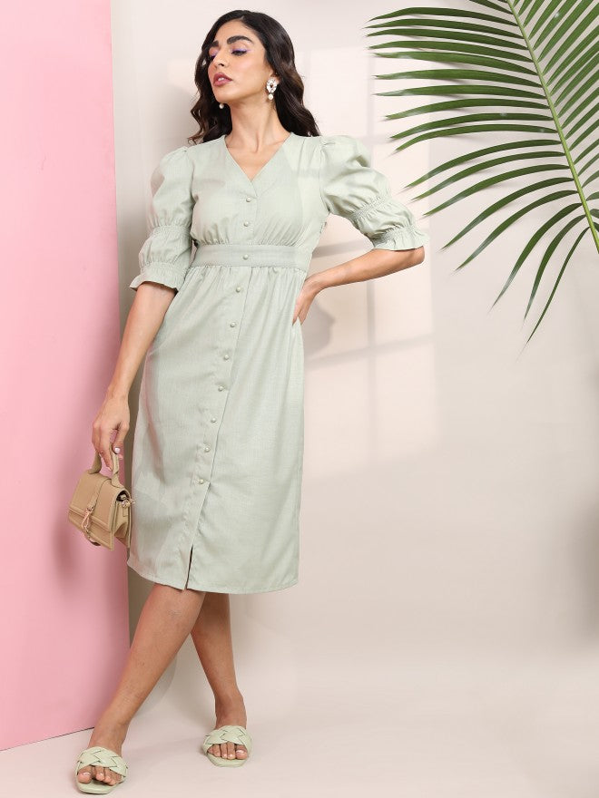 Tokyo Talkies Women Green Solid Fit And Flare Dress - Green - Image 1