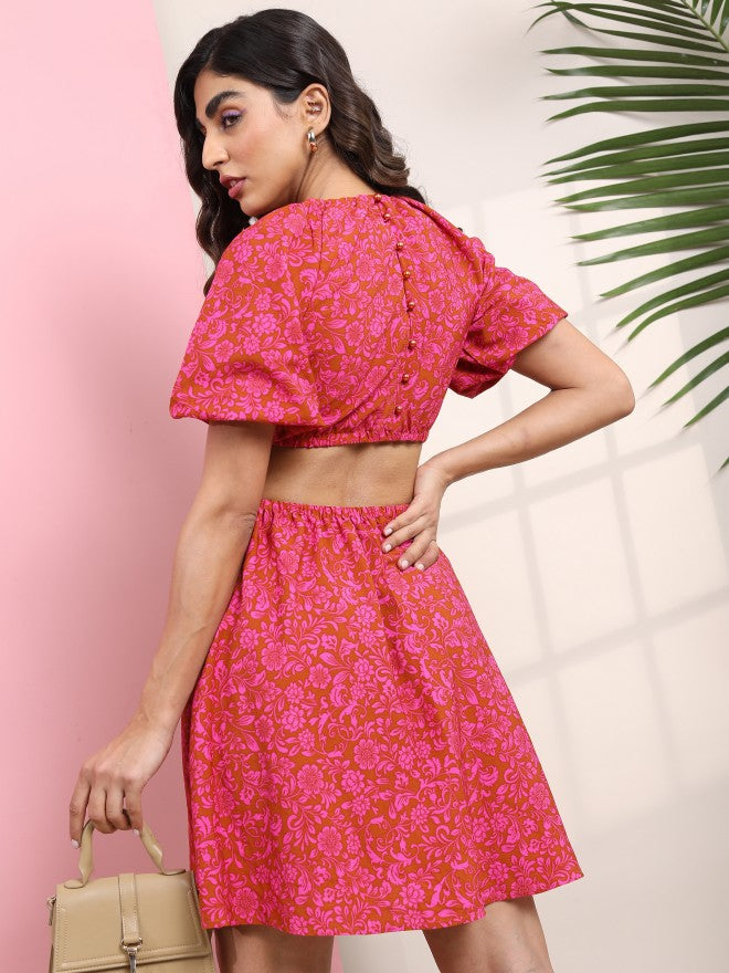 Tokyo Talkies Women Coral Printed Fit And Flare Dress - Coral - Image 3