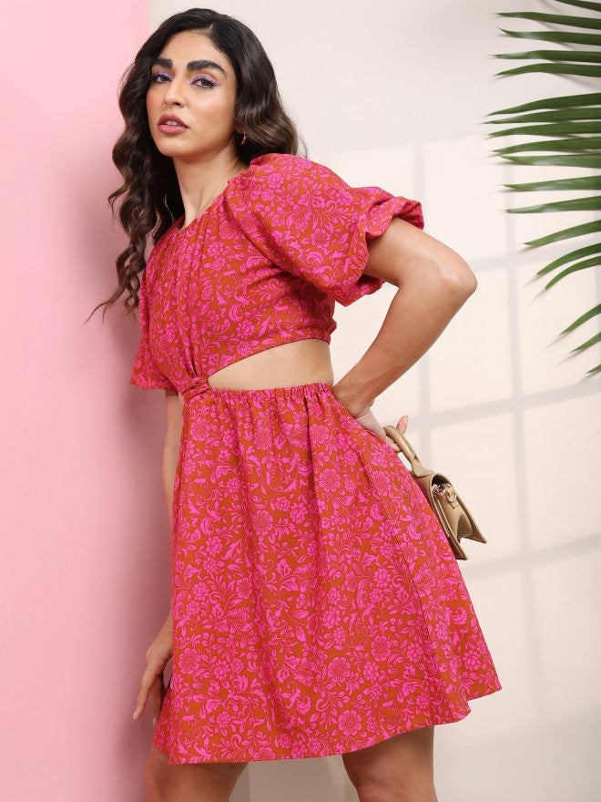Tokyo Talkies Women Coral Printed Fit And Flare Dress - Coral - Image 4