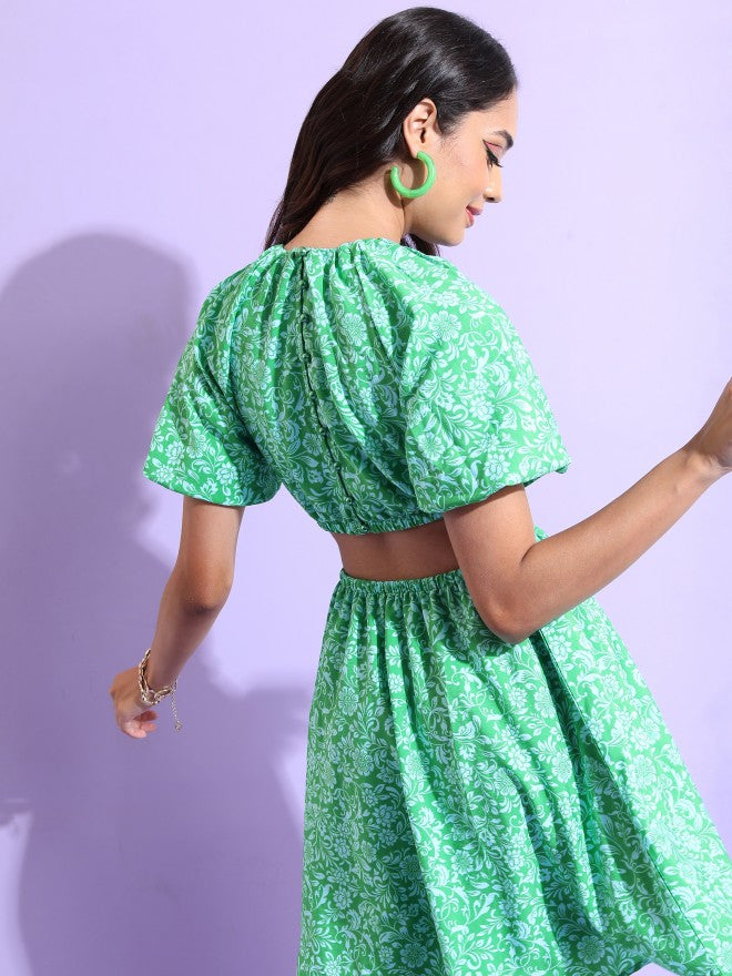 Tokyo Talkies Women Green Printed Fit & Flare Dress - Green - Image 3