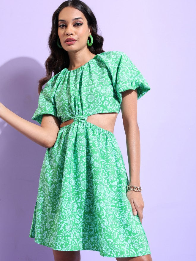 Tokyo Talkies Women Green Printed Fit & Flare Dress - Green - Image 4