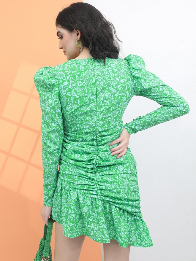 Tokyo Talkies Women Green Printed Flared Mini Dress - Green - Image 3