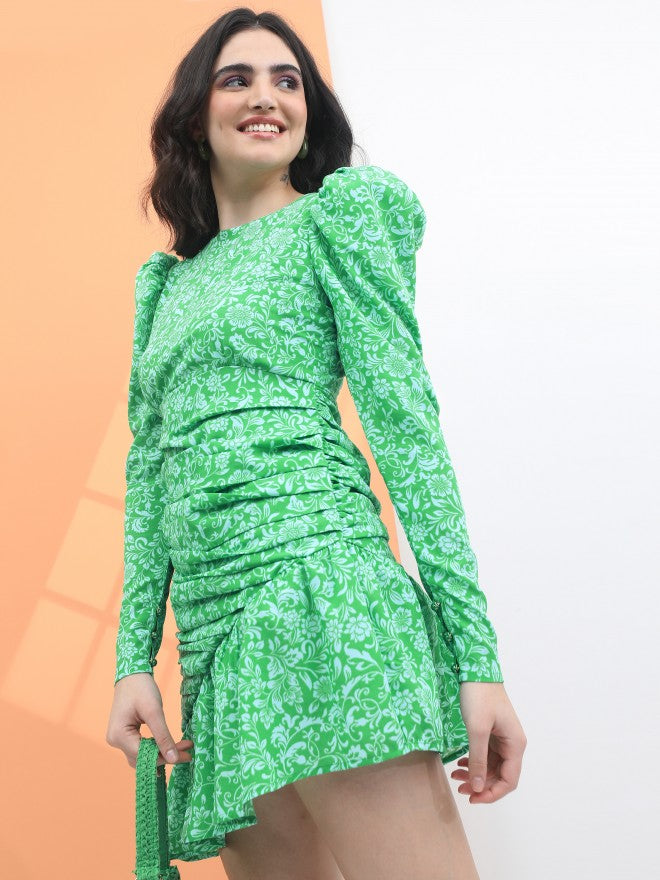 Tokyo Talkies Women Green Printed Flared Mini Dress - Green - Image 4