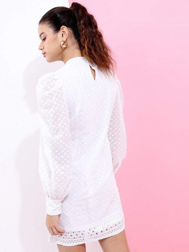 Tokyo Talkies Women Bright White Embroidered Baloon Sleeves Dress - White - Image 3