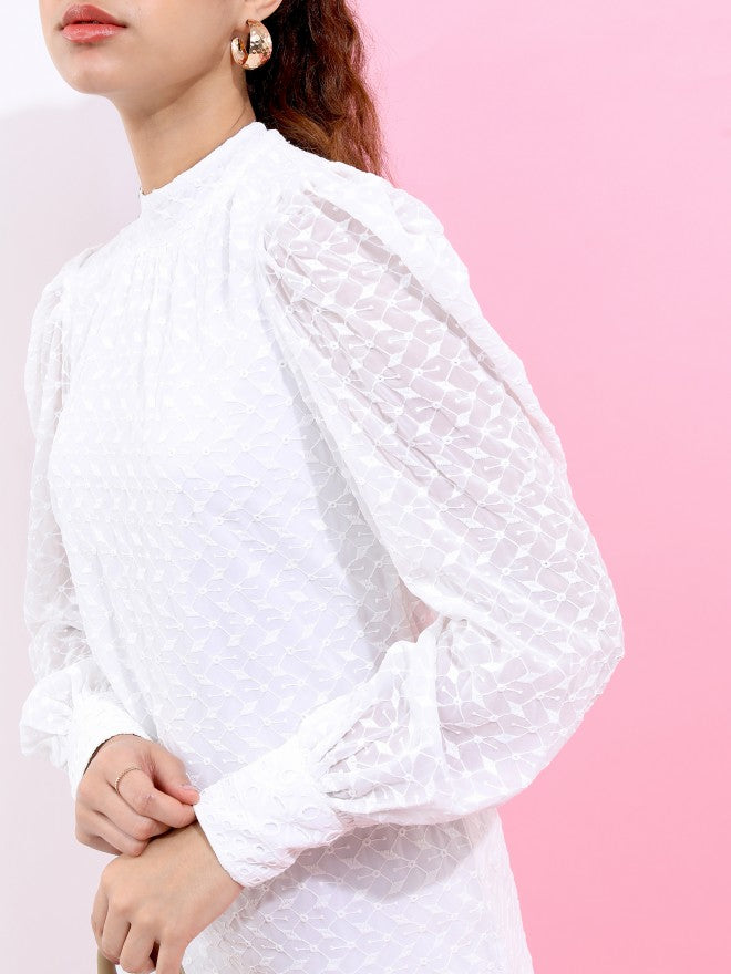 Tokyo Talkies Women Bright White Embroidered Baloon Sleeves Dress - White - Image 5