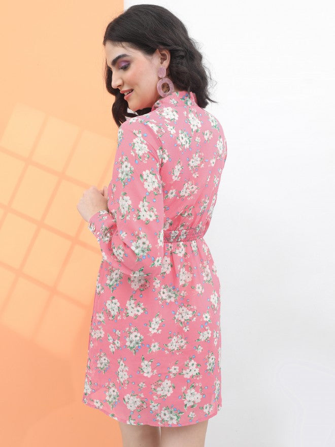 Tokyo Talkies Women Pink/Green Floral Tie Up Mini Dress - Pink - Image 3