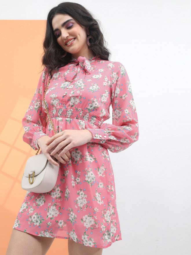 Tokyo Talkies Women Pink/Green Floral Tie Up Mini Dress - Pink - Image 4