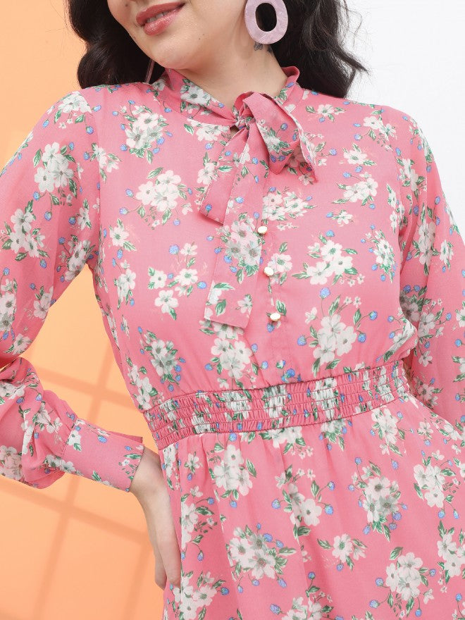 Tokyo Talkies Women Pink/Green Floral Tie Up Mini Dress - Pink - Image 5