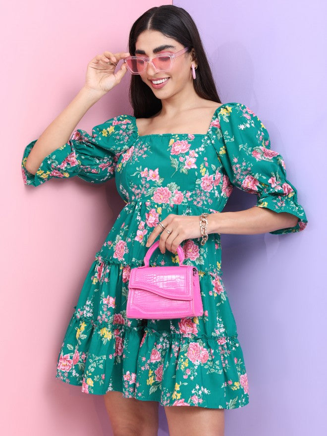 Tokyo Talkies Women Green Printed Fit And Flare Dress - Green - Image 1